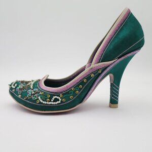 Irregular Choice Courtesan Shanghai Heels Green Satin Beaded Sequins 39.5 / 8.5